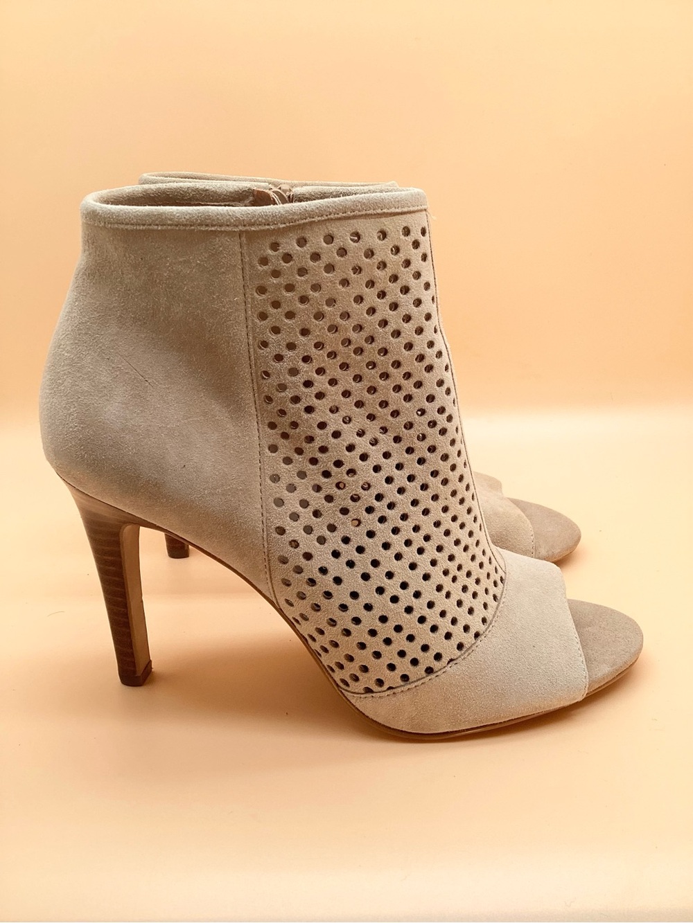 Stylish Audrey Brooke Tan Suede Perforated Peep-Toe Booties. Excellent condition